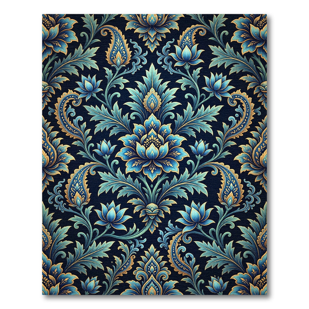 Elegant Blue Gold Damask Floral Rug