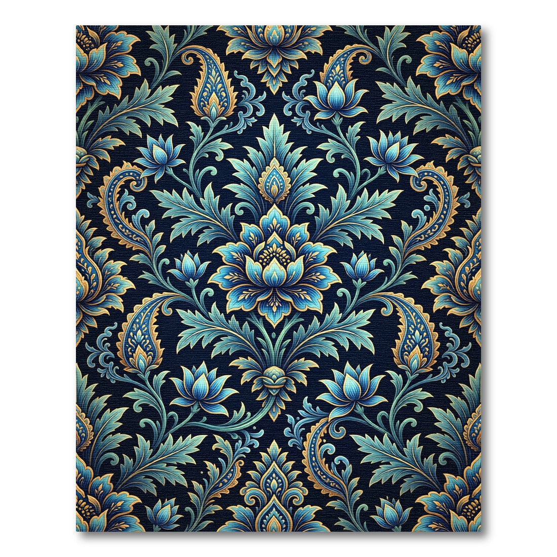Elegant Blue Gold Damask Floral Rug