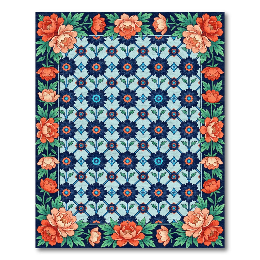 Floral Lattice Navy Orange Botanical Rug