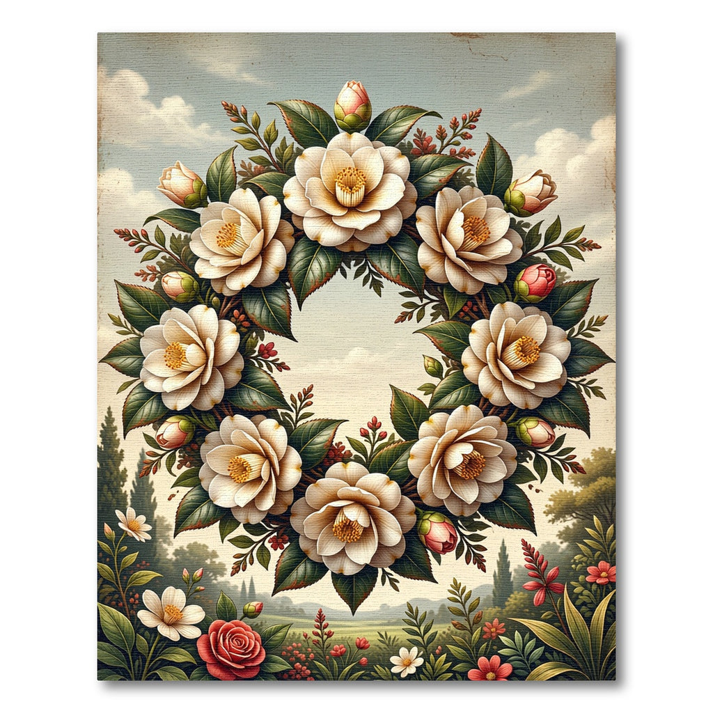 Cream Camellia Wreath Botanical Art Rug