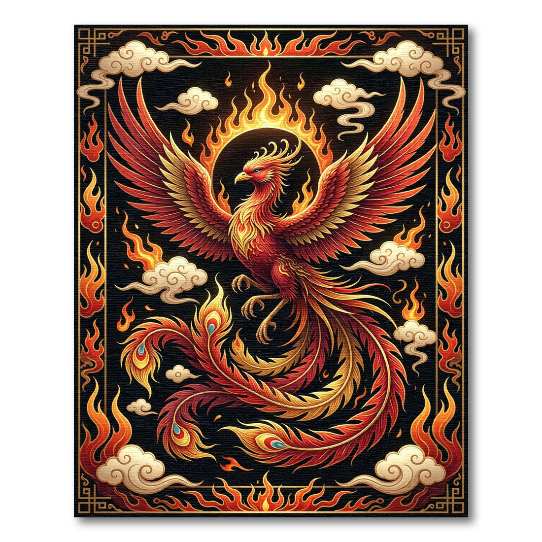 Fiery Crimson Phoenix Radiant Gold Clouds Rug