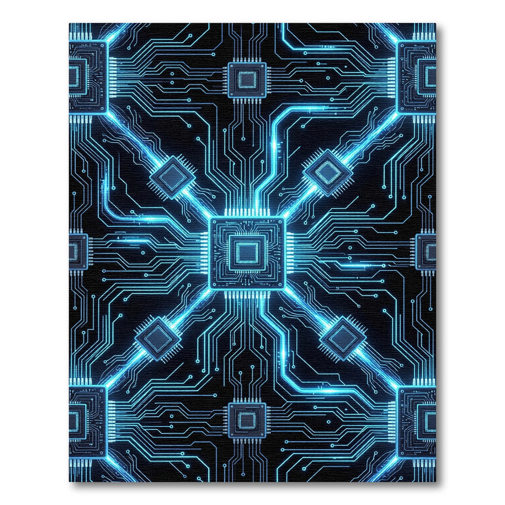 Futuristic Neon Cyber Circuit Grid Rug