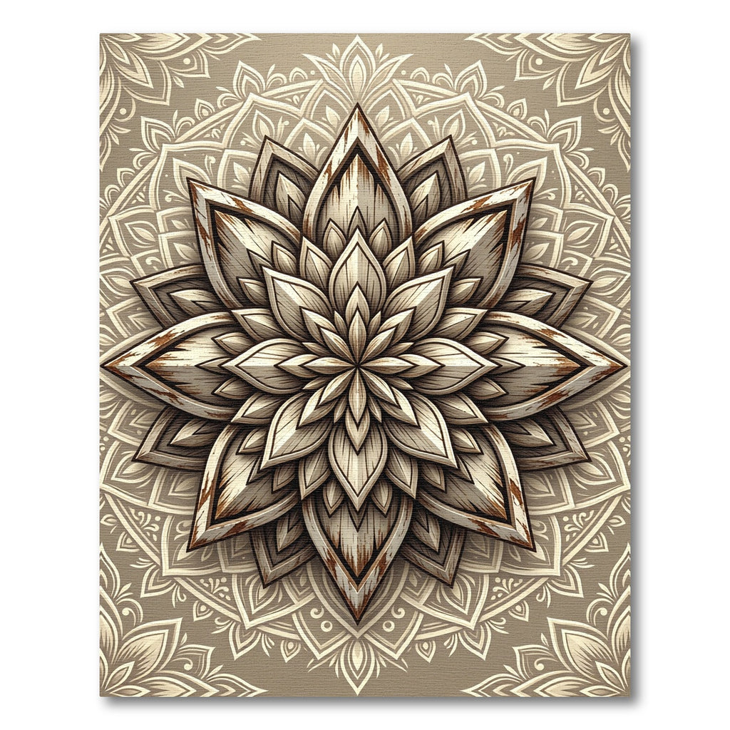 Rustic Cream Wood Grain Lotus Mandala Rug