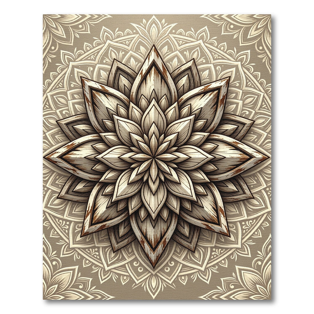 Rustic Cream Wood Grain Lotus Mandala Rug