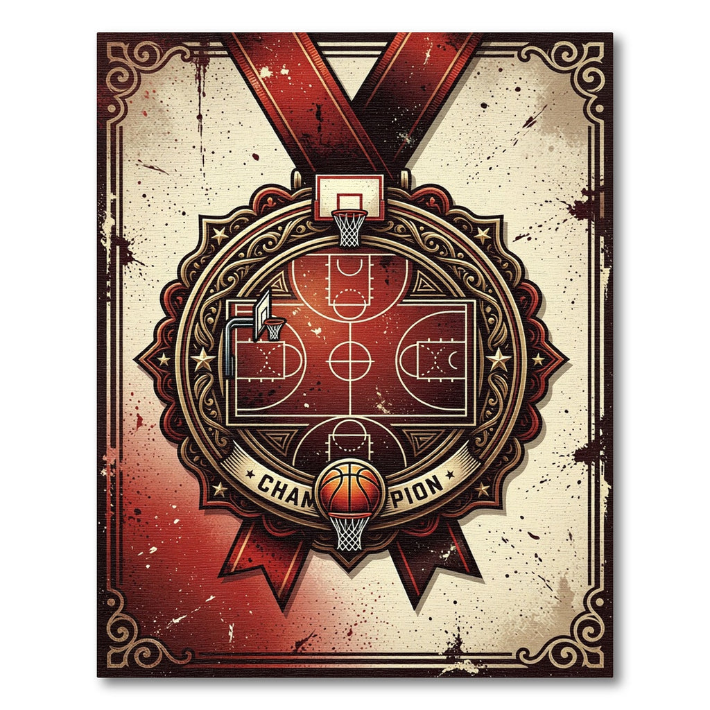Vintage Crimson Basketball Champion Medallion Rug