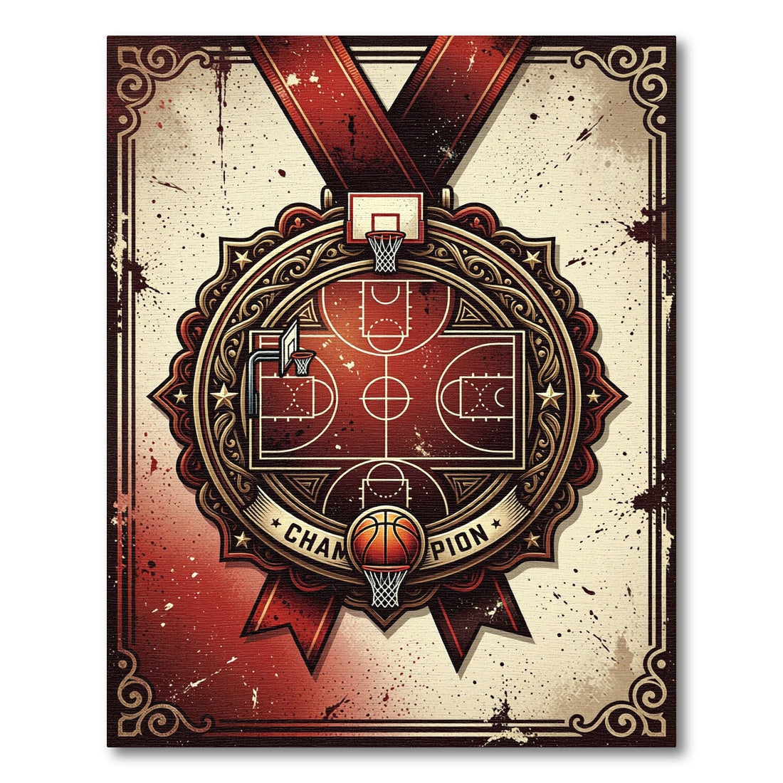 Vintage Crimson Basketball Champion Medallion Rug