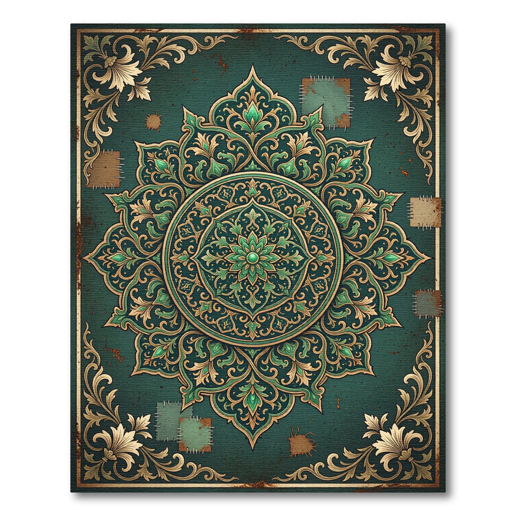 Emerald Ornate Floral Medallion Distressed Tapestry Rug