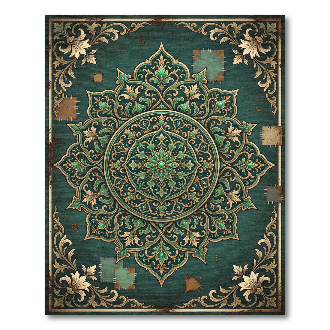 Emerald Ornate Floral Medallion Distressed Tapestry Rug