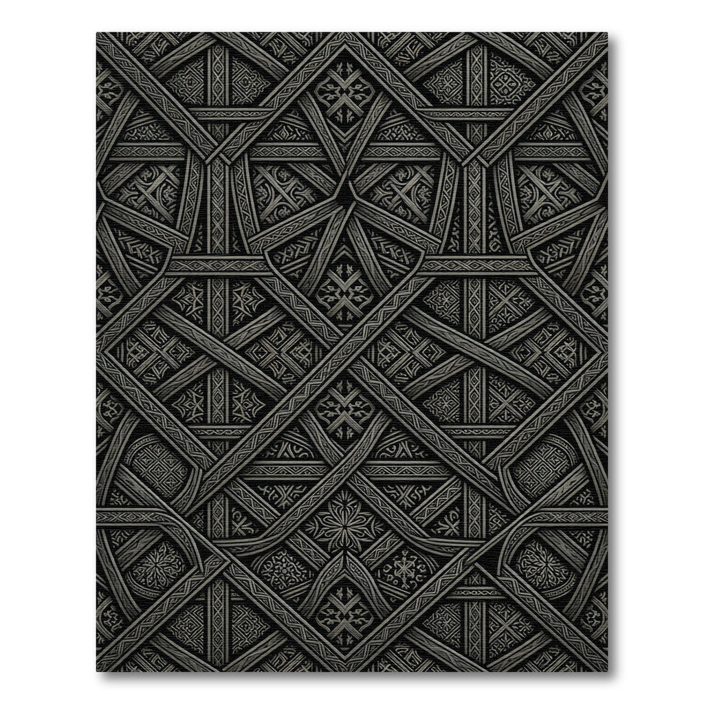 Intricate Charcoal Geometric Interlocking Lattice Rug