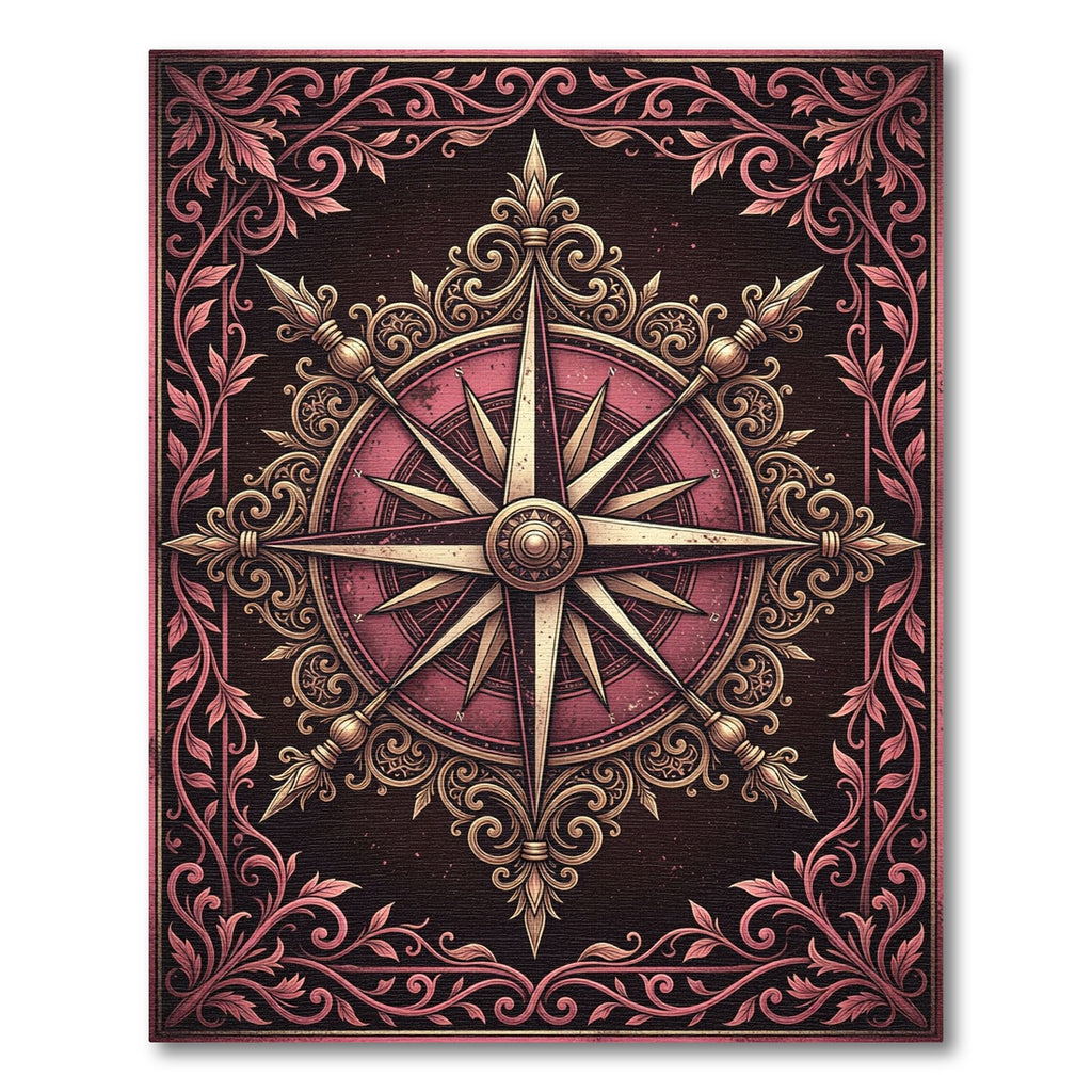 Ornate Crimson Vintage Compass Medallion Rug