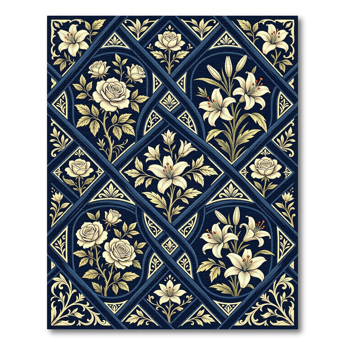 Vintage Navy Floral Lily Rose Rug