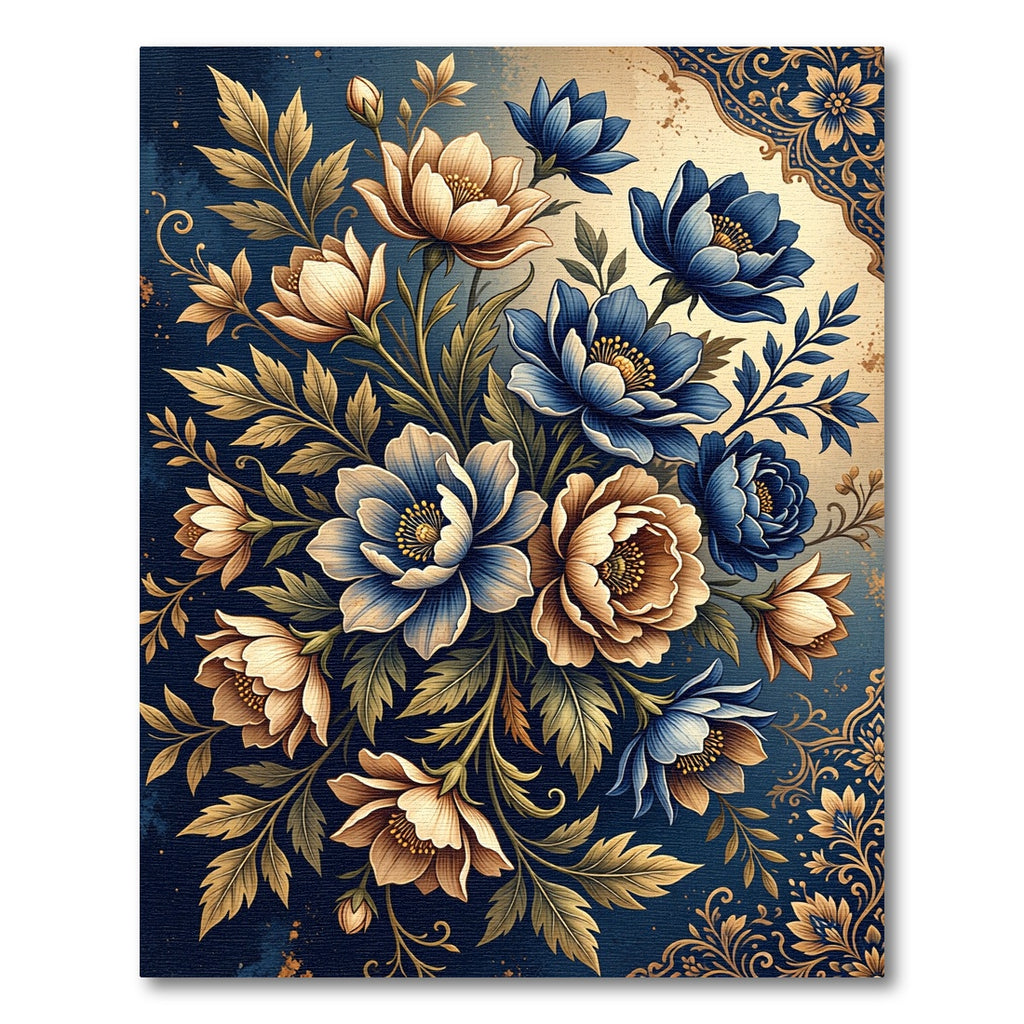 Elegant Navy and Gold Floral Bouquet Rug