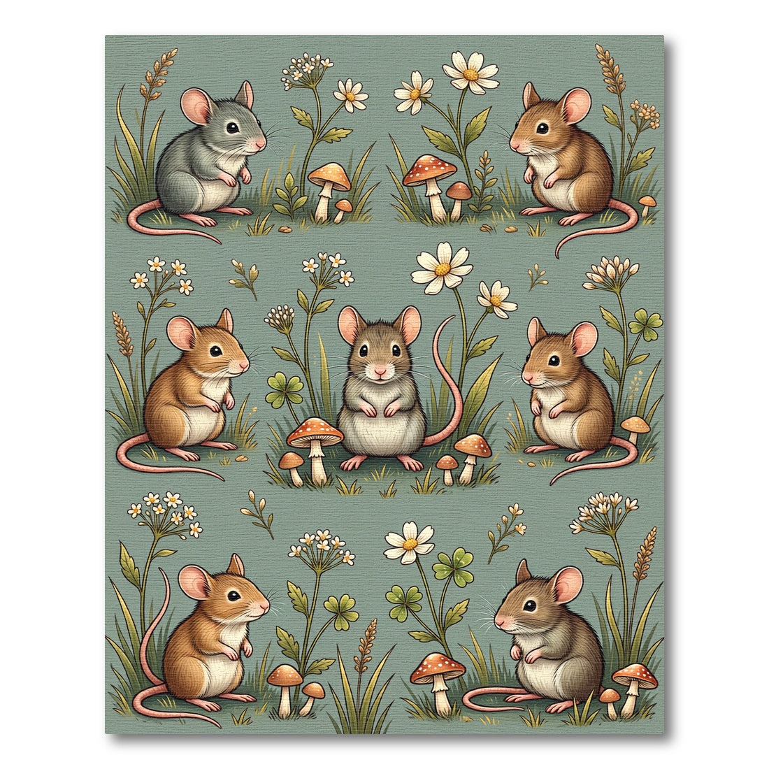 Whimsical Sage Mouse and Mushroom Garden Rug