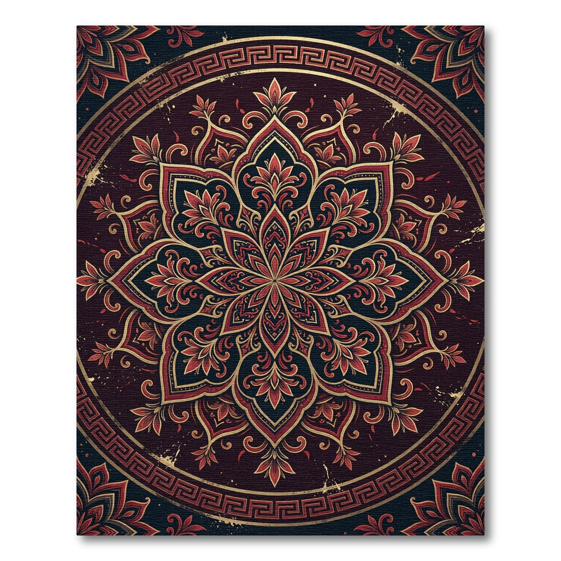 Ornate Crimson Gold Greek Key Medallion Rug