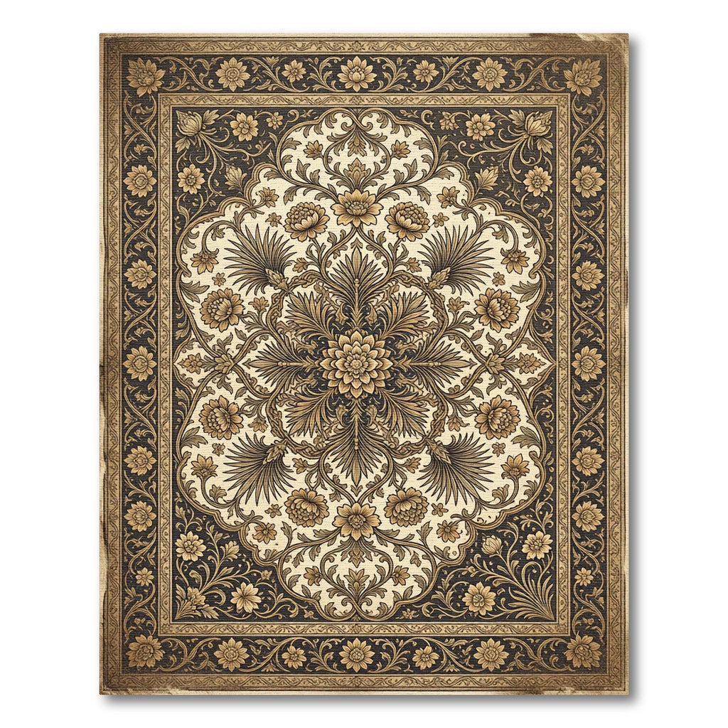 Antique Gold Black Floral Medallion Rug