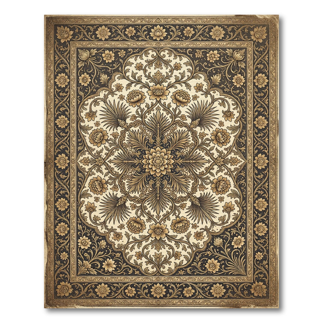 Antique Gold Black Floral Medallion Rug