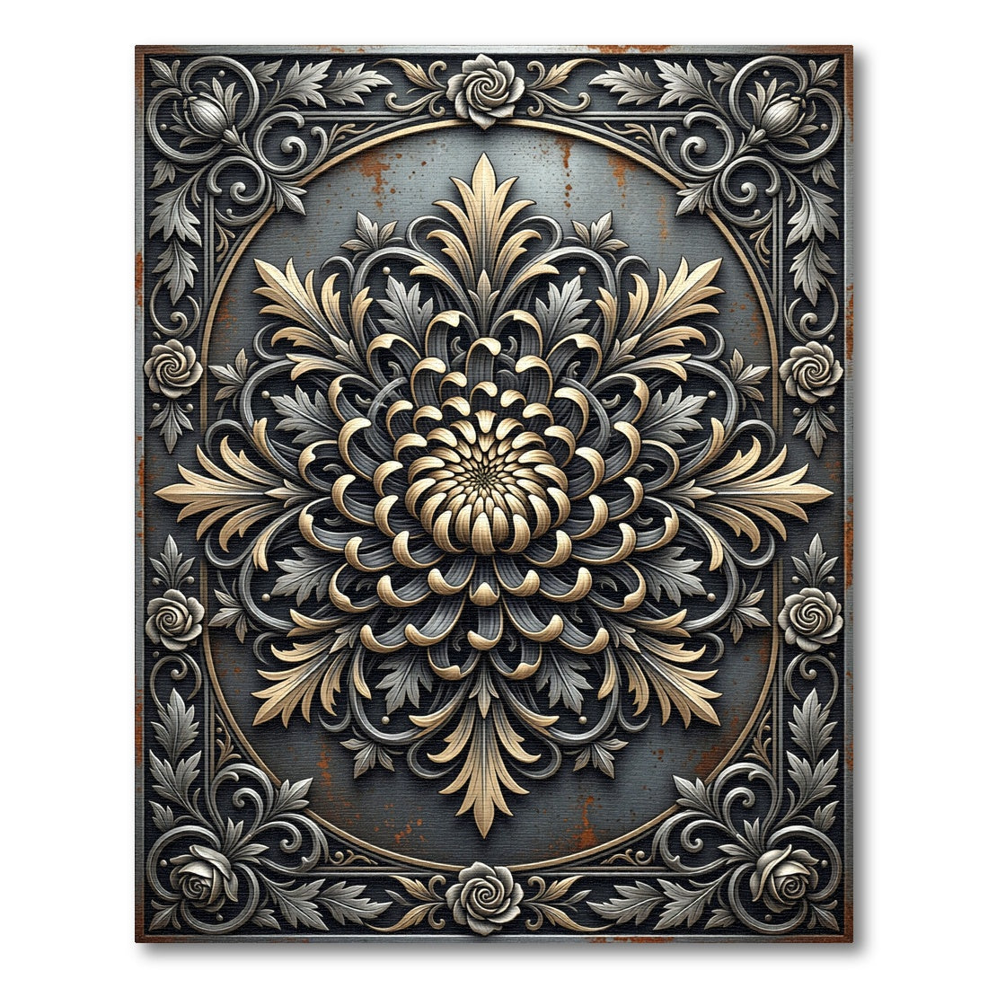 Ornate Metallic Gold and Silver Chrysanthemum Rug