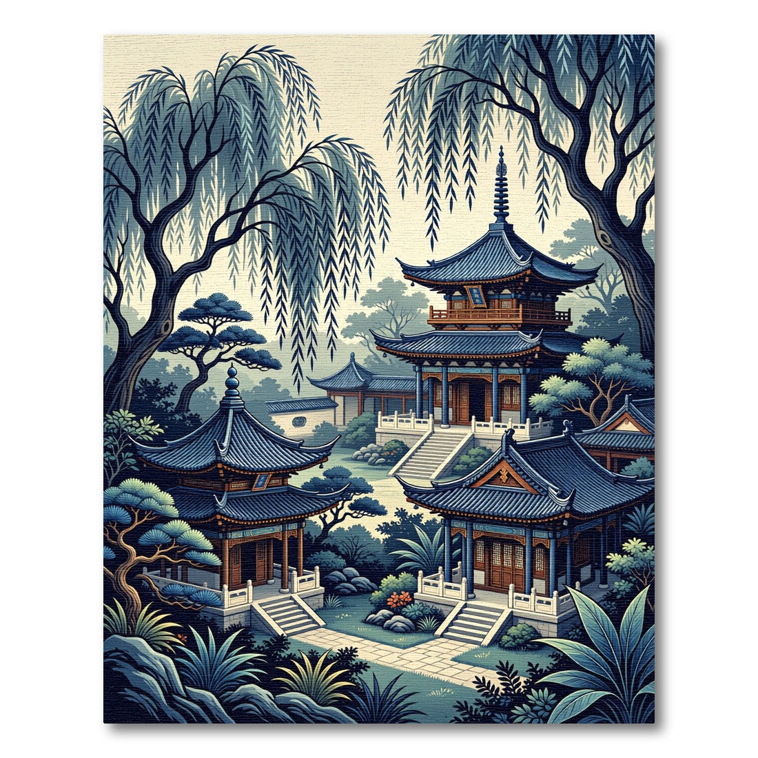 Azure Pagoda Serene Landscape Scene Rug
