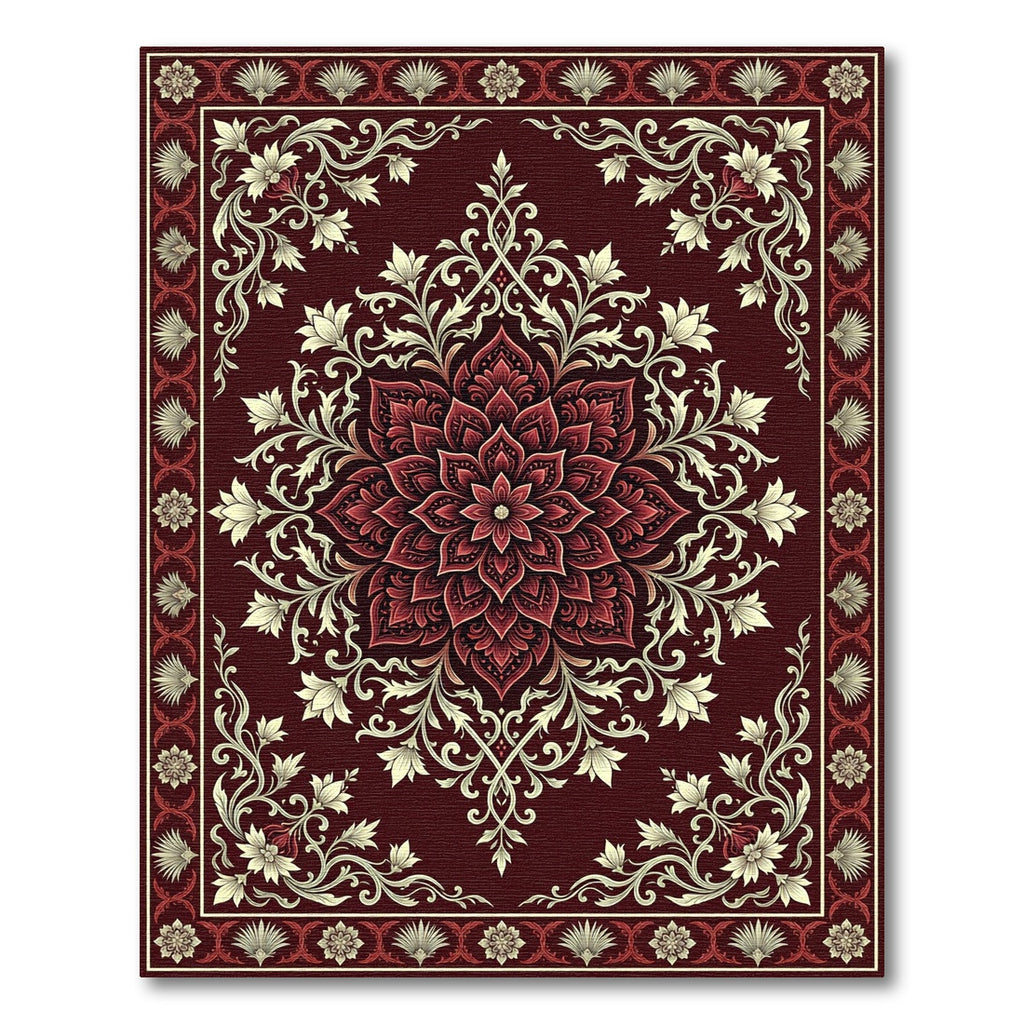 Deep Crimson Floral Lotus Medallion Rug