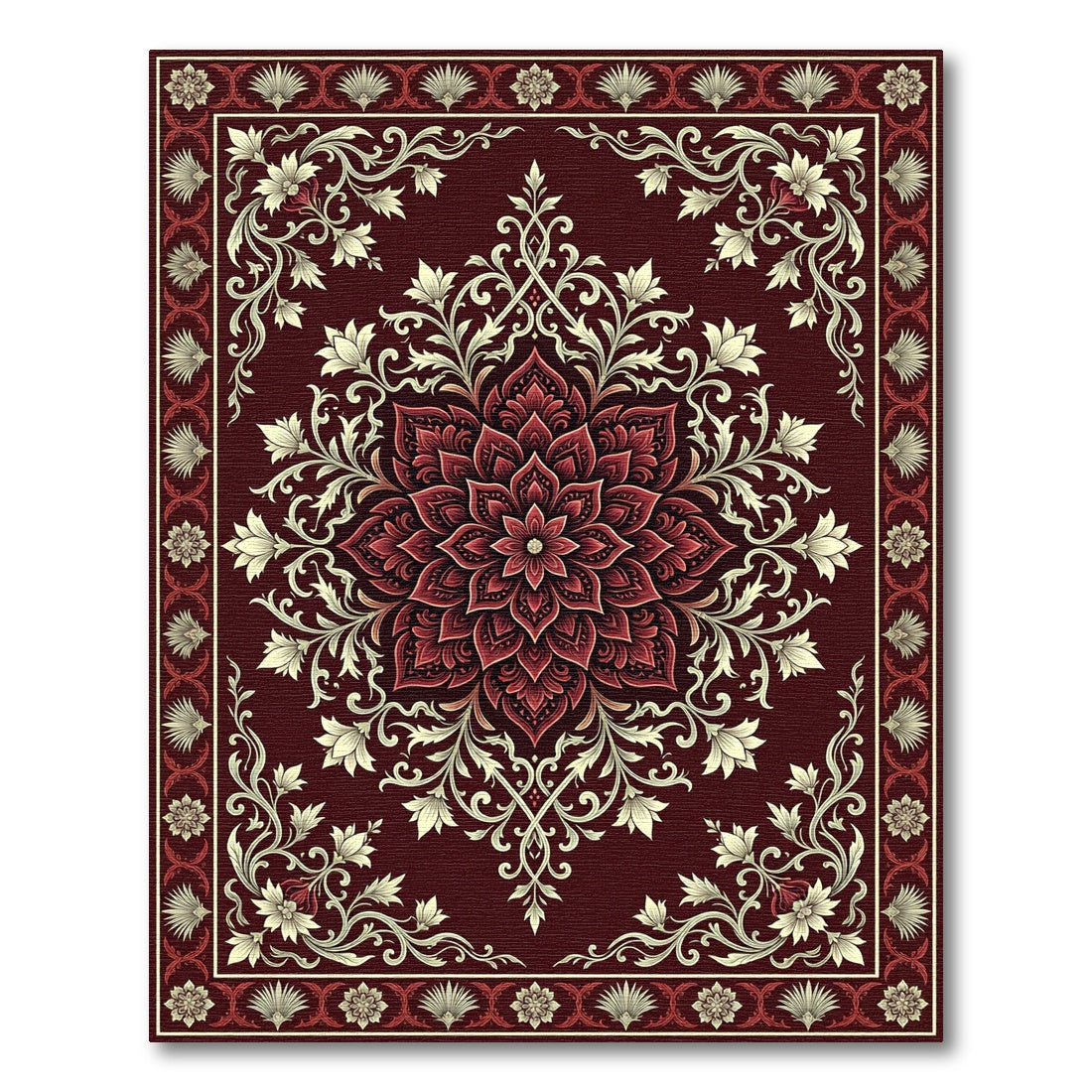 Deep Crimson Floral Lotus Medallion Rug
