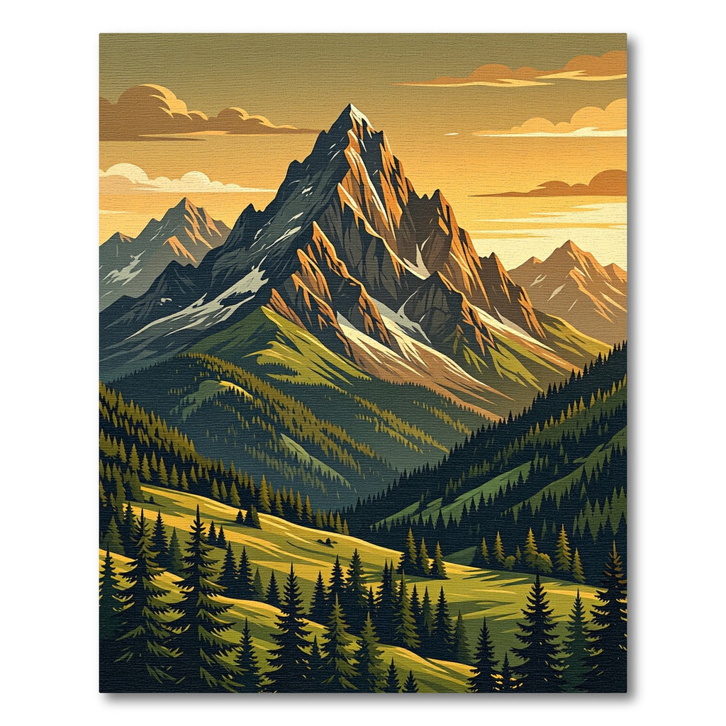 Golden Peaks Alpine Forest Landscape Rug