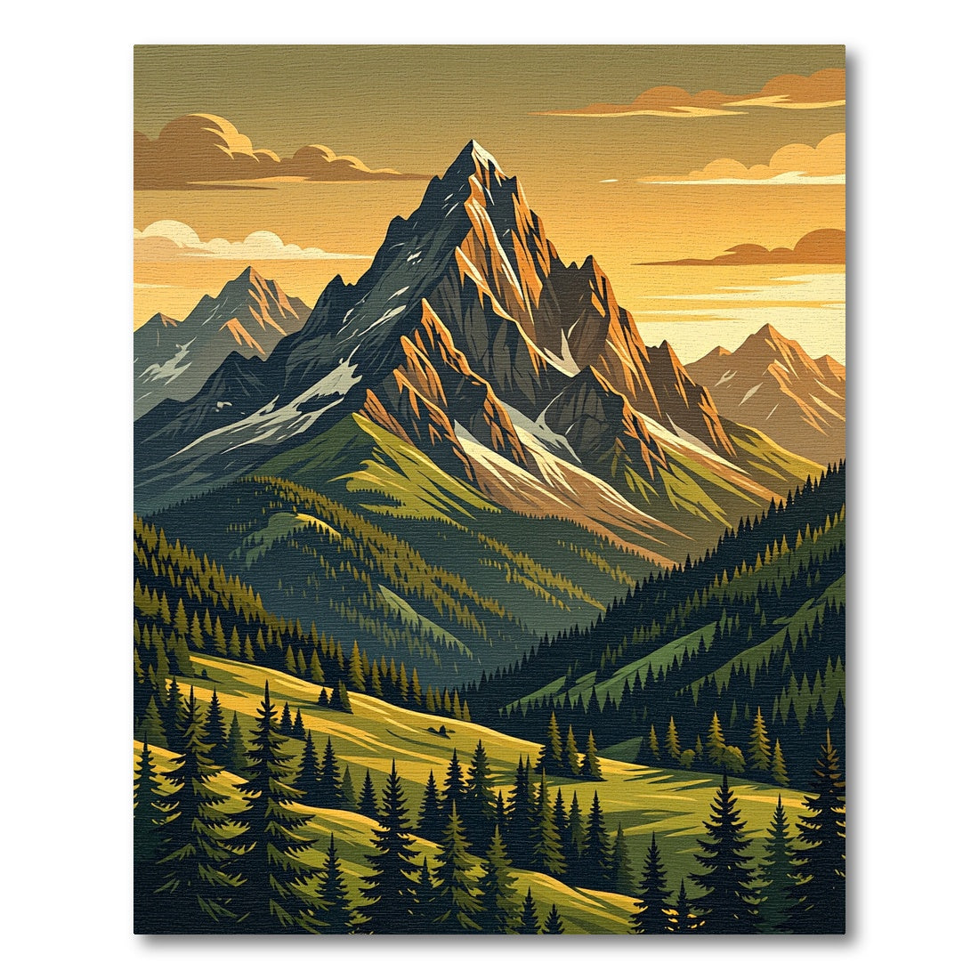 Golden Peaks Alpine Forest Landscape Rug
