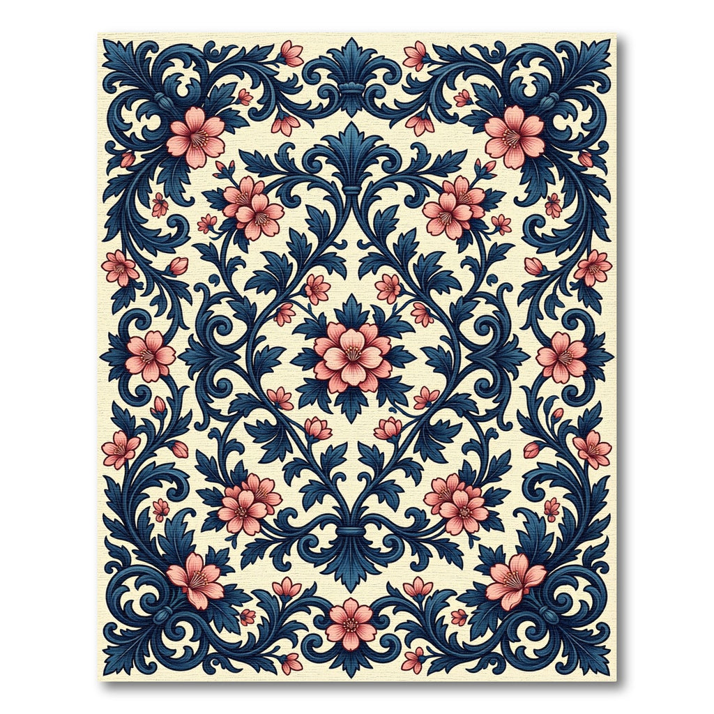 Elegant Navy Coral Floral Scrollwork Rug