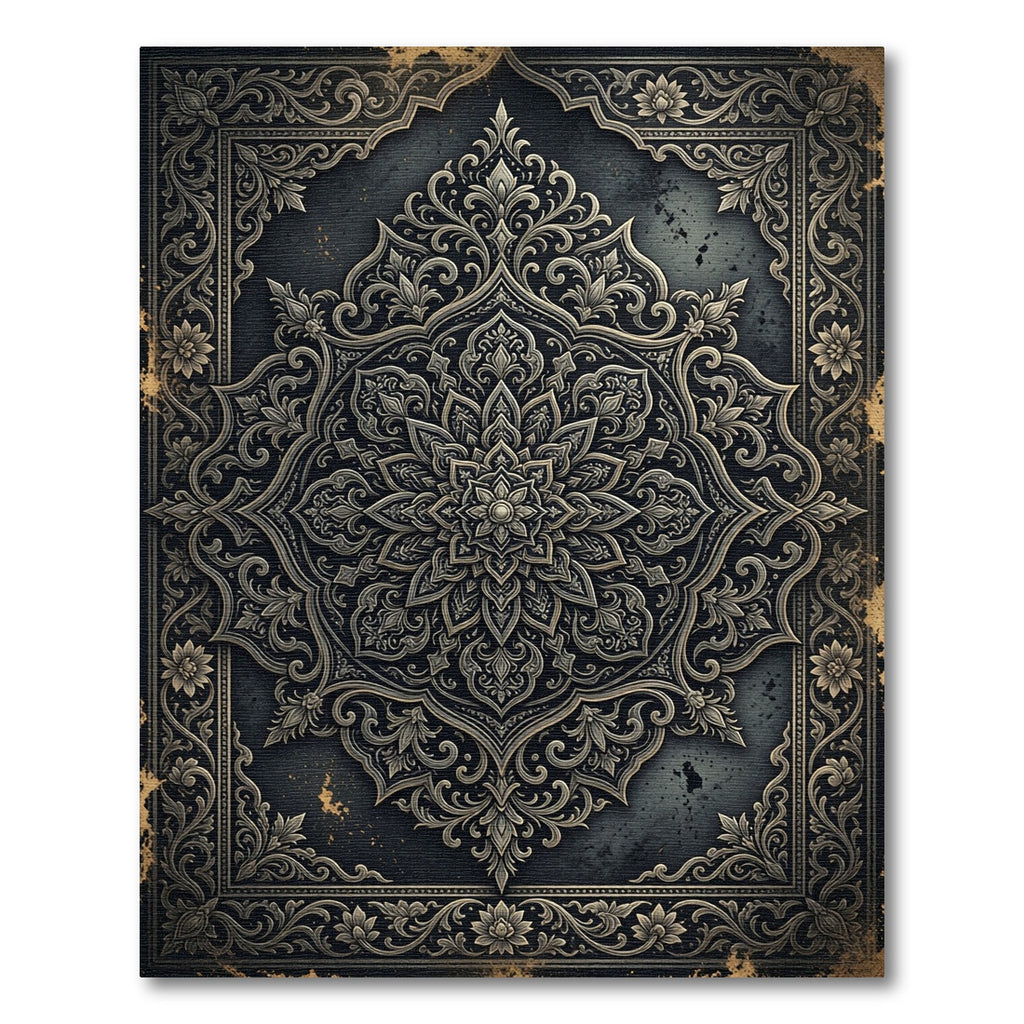 Ornate Charcoal Silver Floral Damask Rug