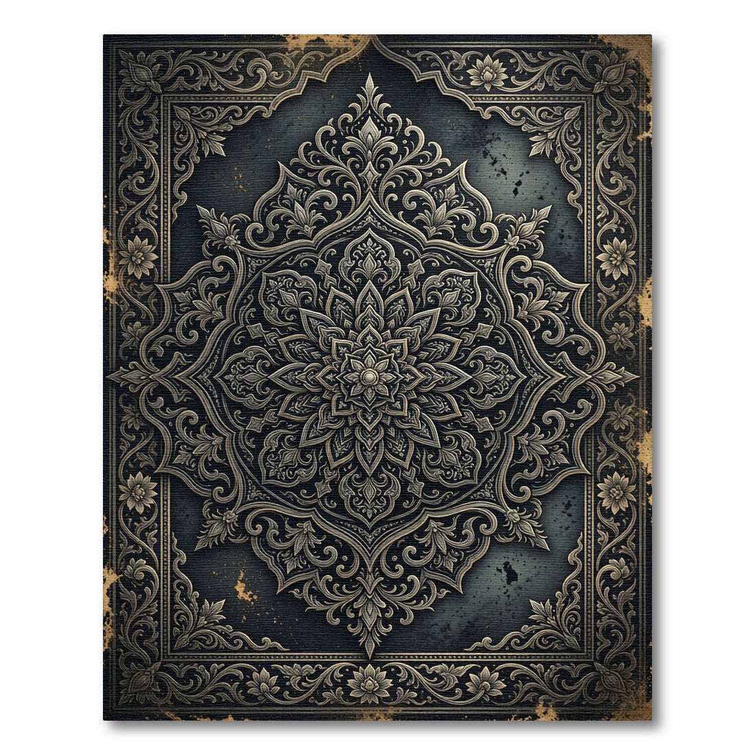 Ornate Charcoal Silver Floral Damask Rug