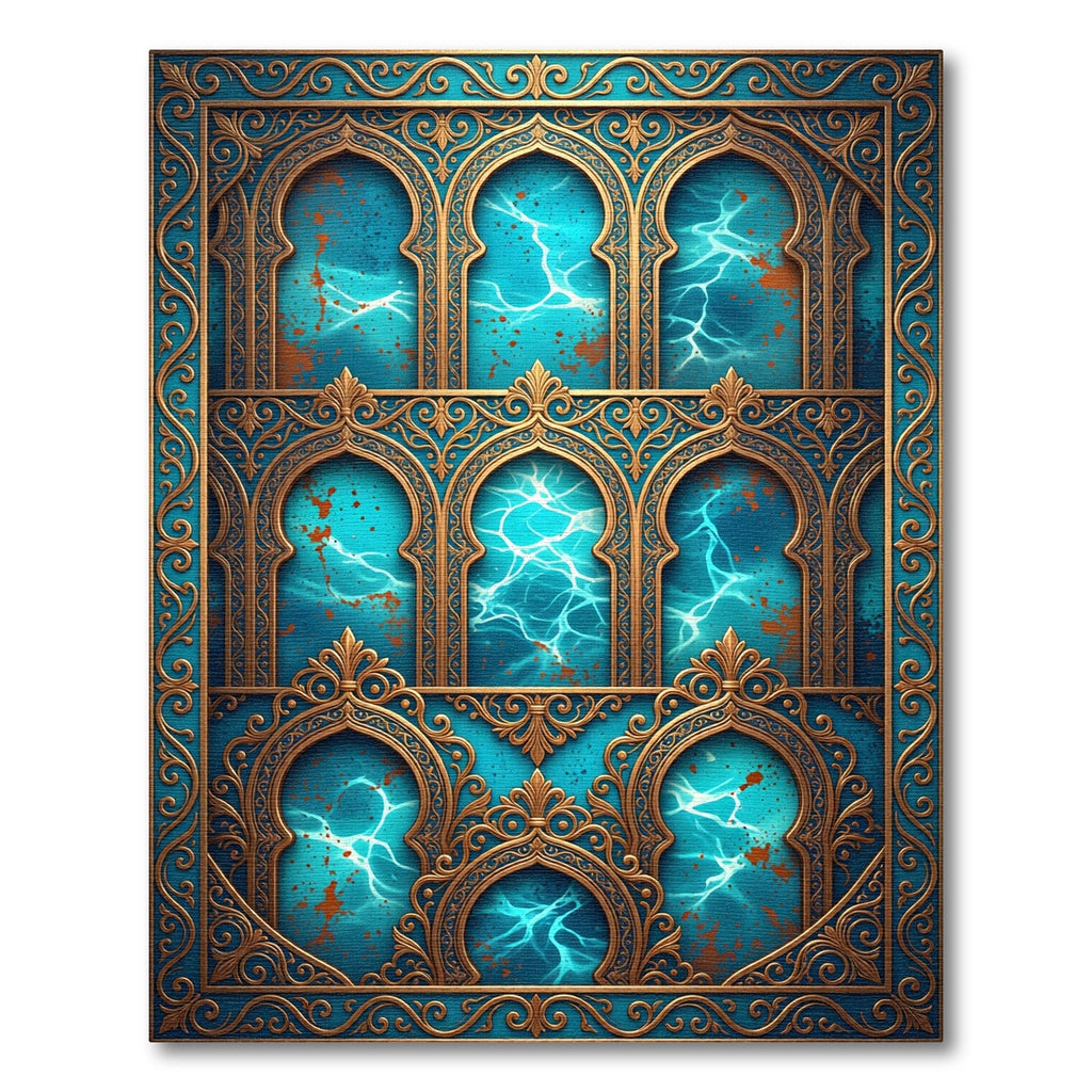 Ornate Arched Gold Water Teal Artwork Rug