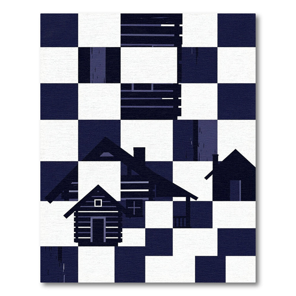 Dark Blue Checkerboard Cabin Silhouette Rug