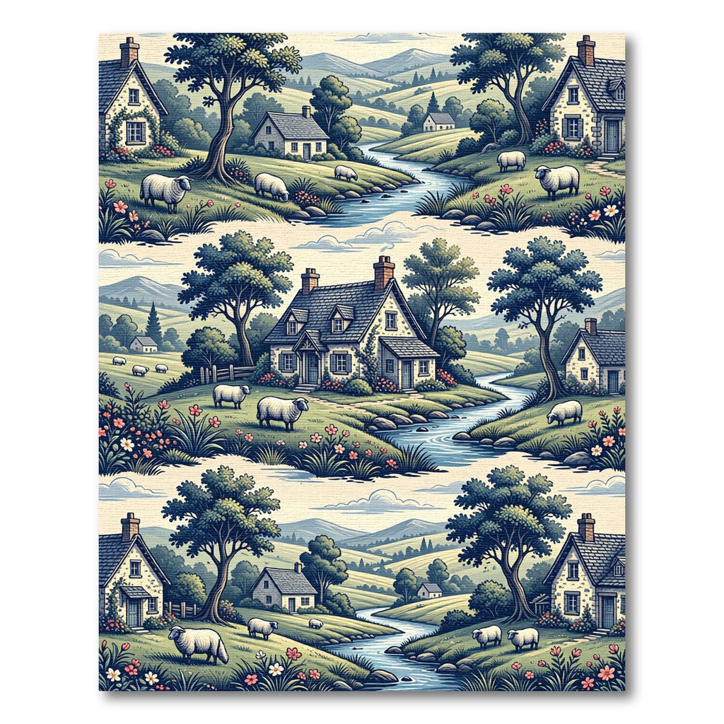 Pastoral Countryside Cottage and Sheep Landscape Rug