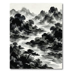 Misty Mountain River Sumi-e Landscape Rug