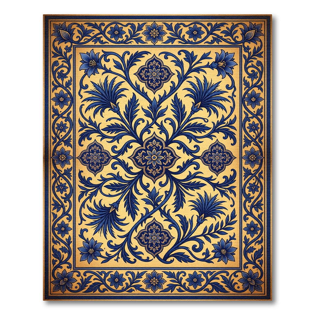 Ornate Cobalt Blue Floral Scroll Medallion Rug