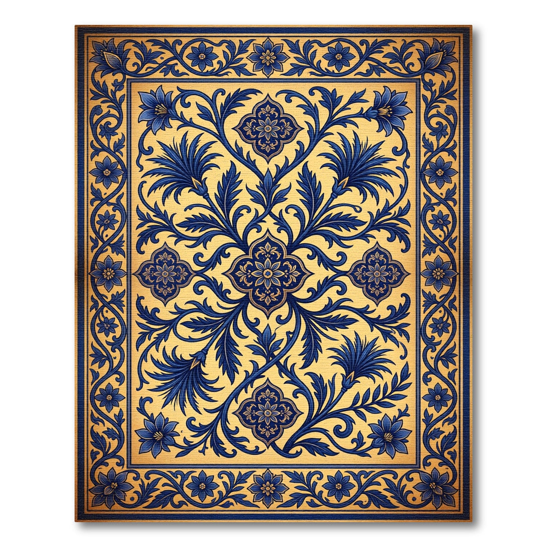 Ornate Cobalt Blue Floral Scroll Medallion Rug