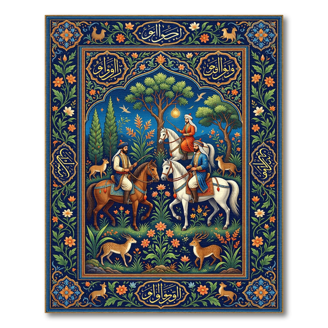 Royal Blue Equestrian Hunt Garden Scene Rug