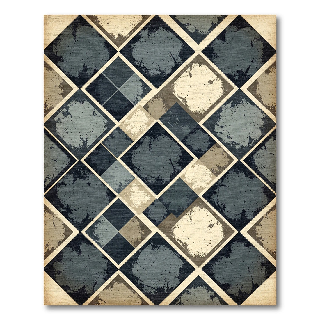 Distressed Blue Charcoal Geometric Diamond Rug