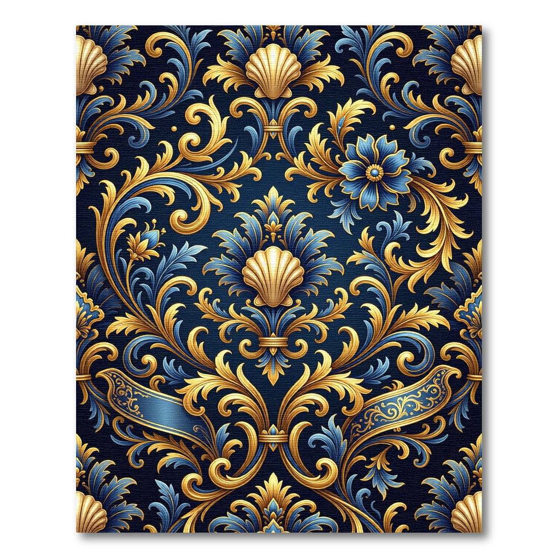 Royal Blue Gold Shell Baroque Scroll Rug