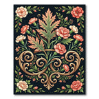 Coral Pink Floral Scrollwork Black Rug