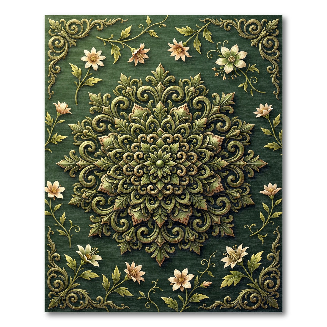 Sage Green Floral Ornate Medallion Rug