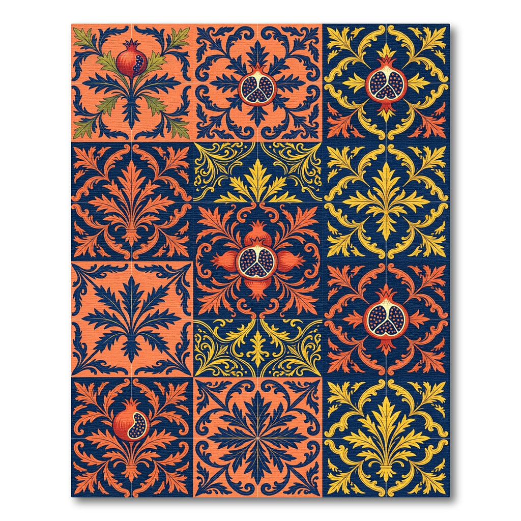 Orange Blue Pomegranate Tile Intaglio Rug