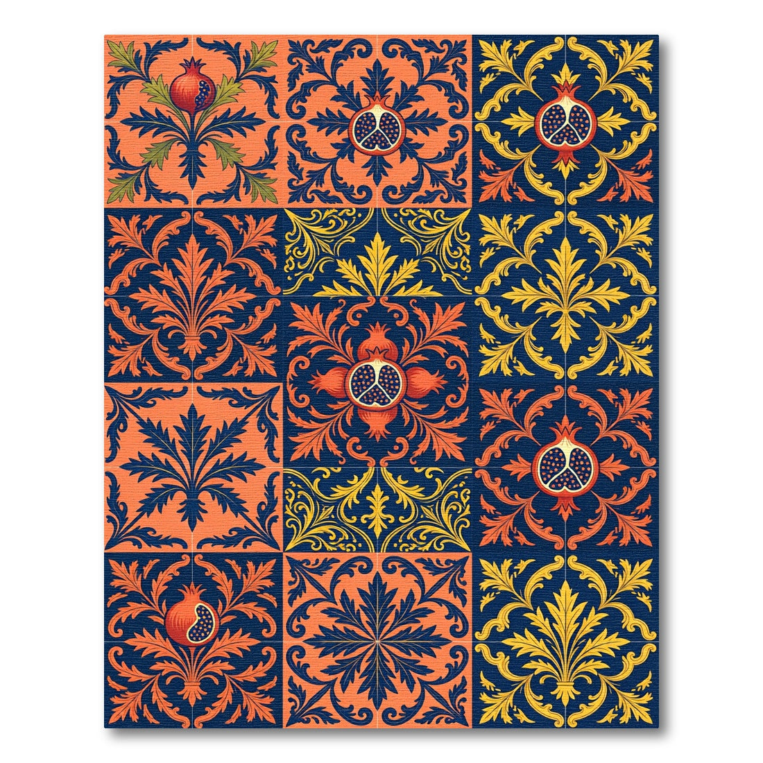 Orange Blue Pomegranate Tile Intaglio Rug