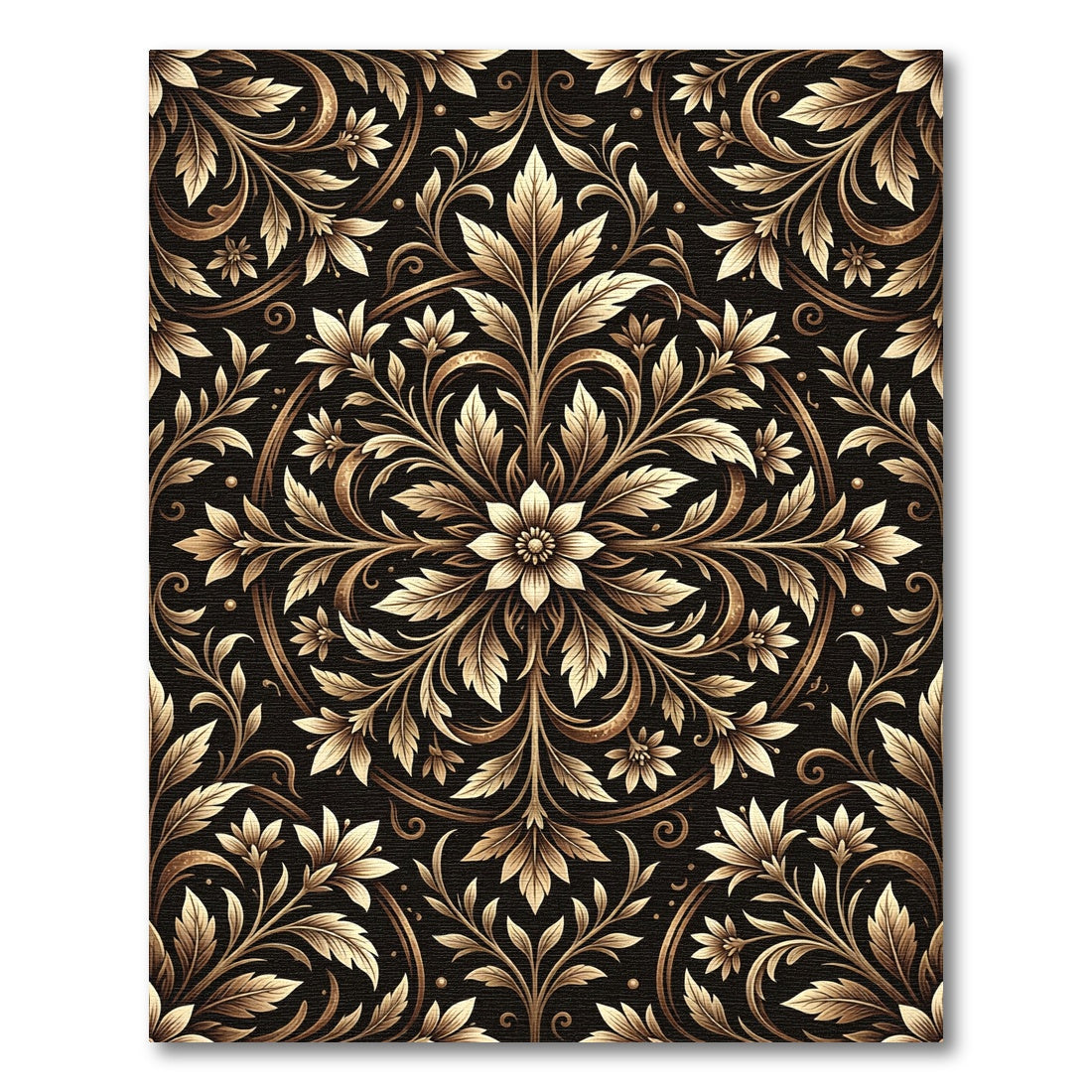 Ornate Gold Floral Scrolling Black Rug