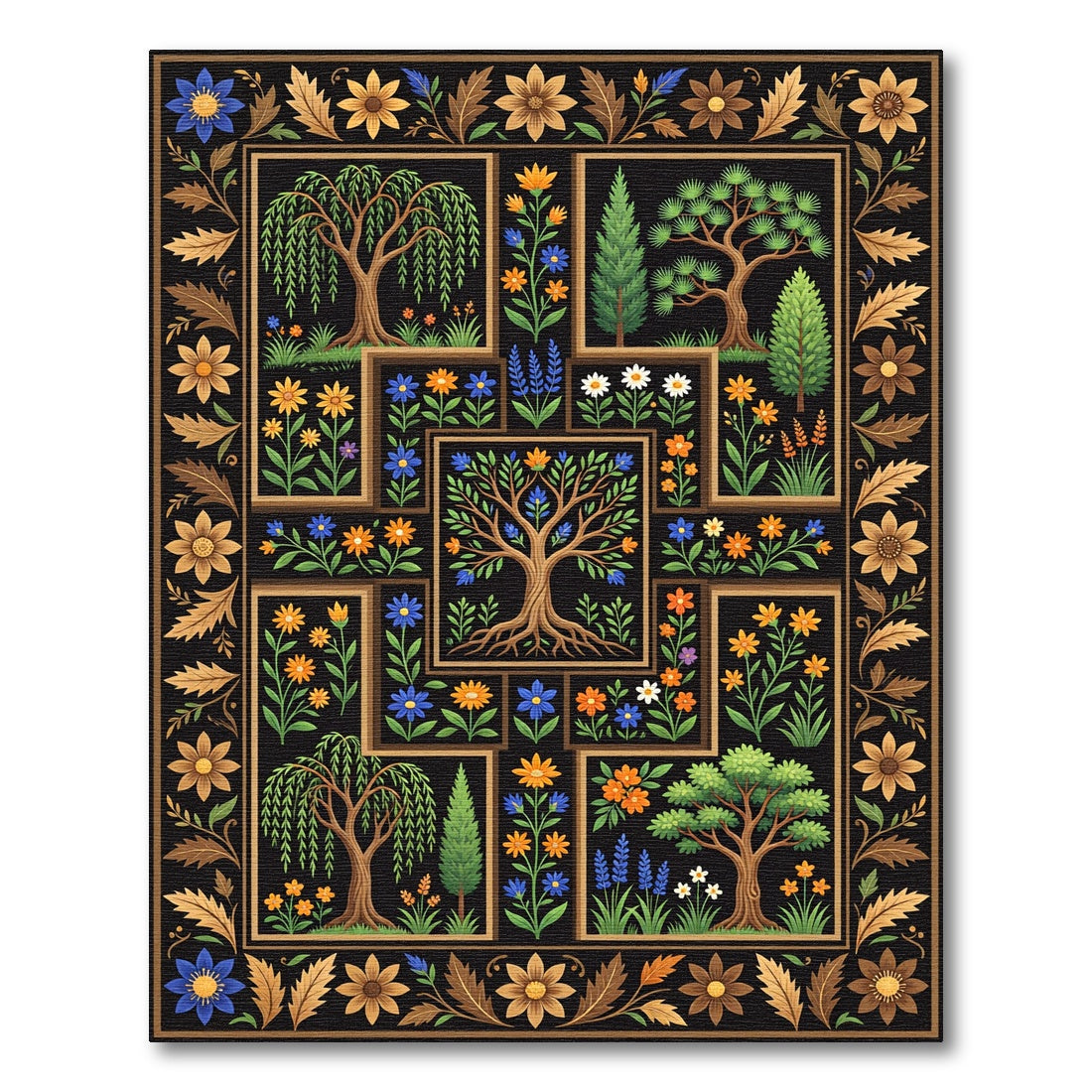 Botanical Black Tile Garden Ornament Rug
