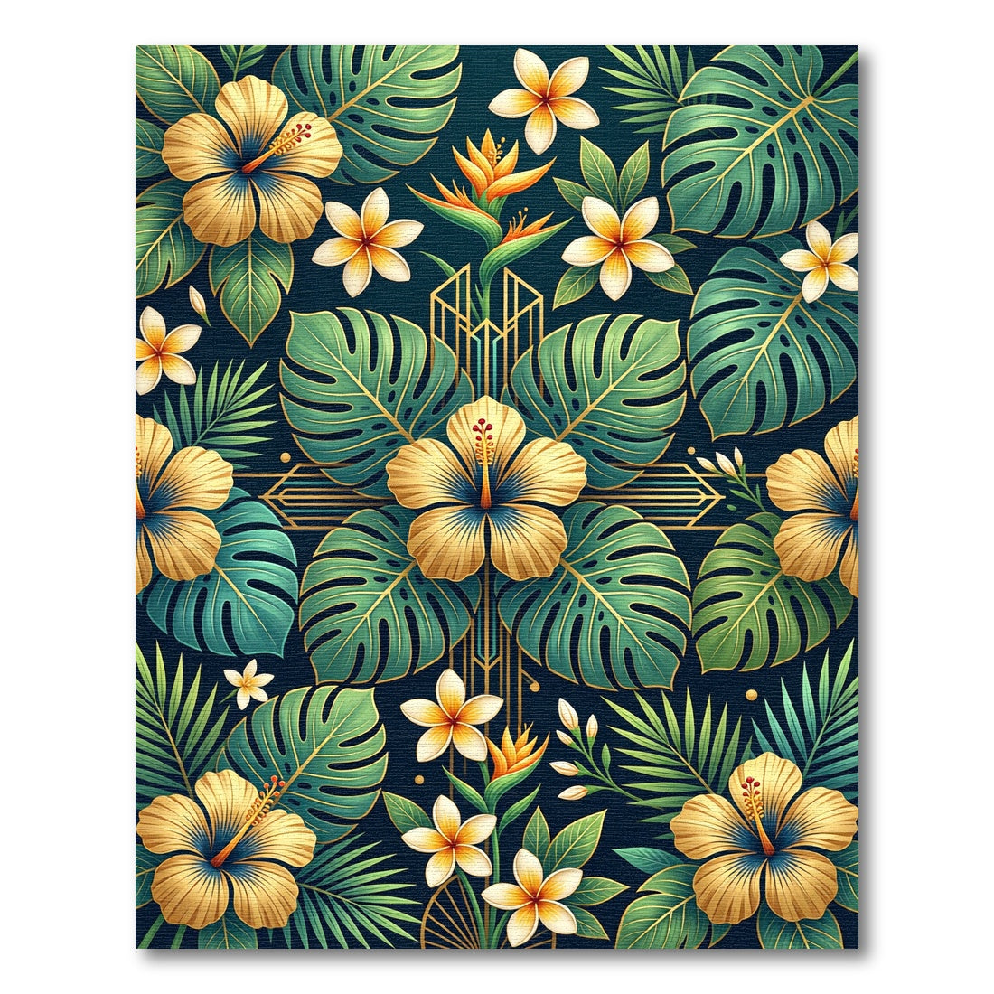 Golden Tropical Hibiscus Monstera Leaf Rug