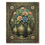Vintage Floral Green Ornate Vase Art Rug