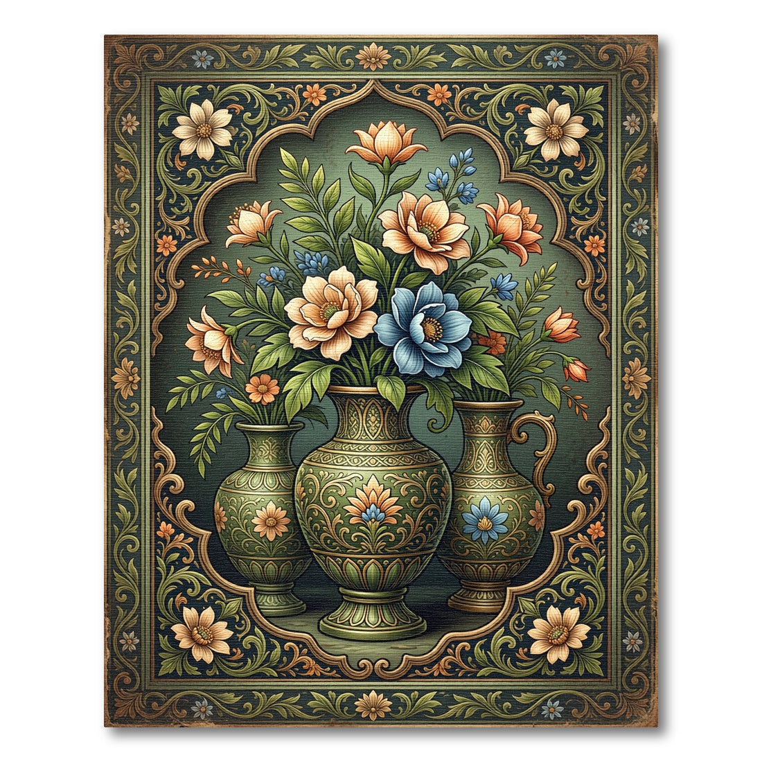Vintage Floral Green Ornate Vase Art Rug