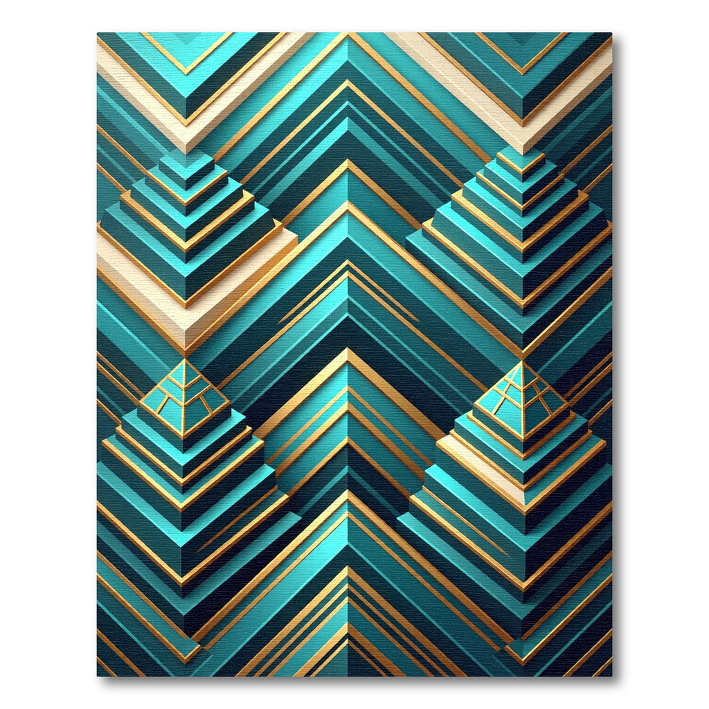 Geometric Teal Gold Pyramid Steps Rug
