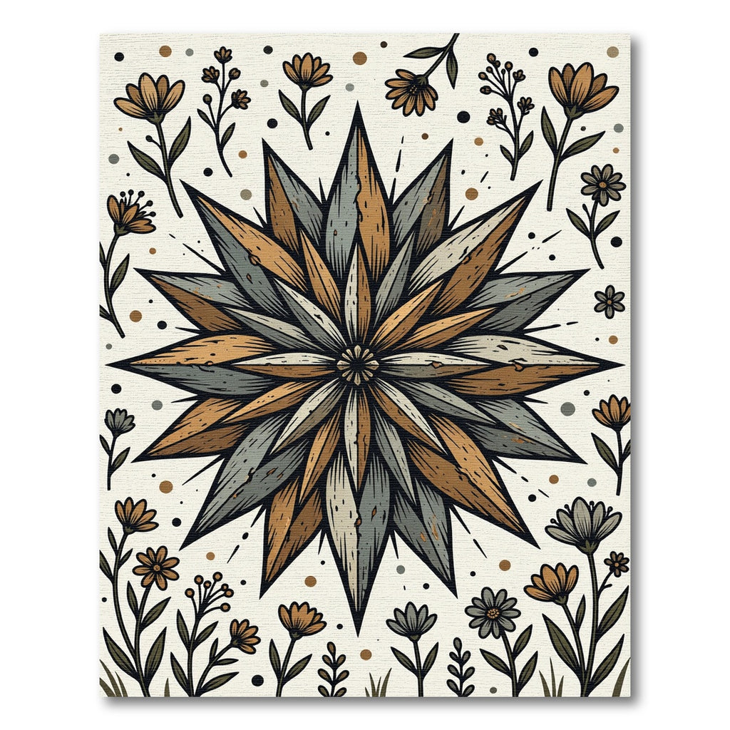 Earthy Starflower Woodcut Floral Illustration Rug