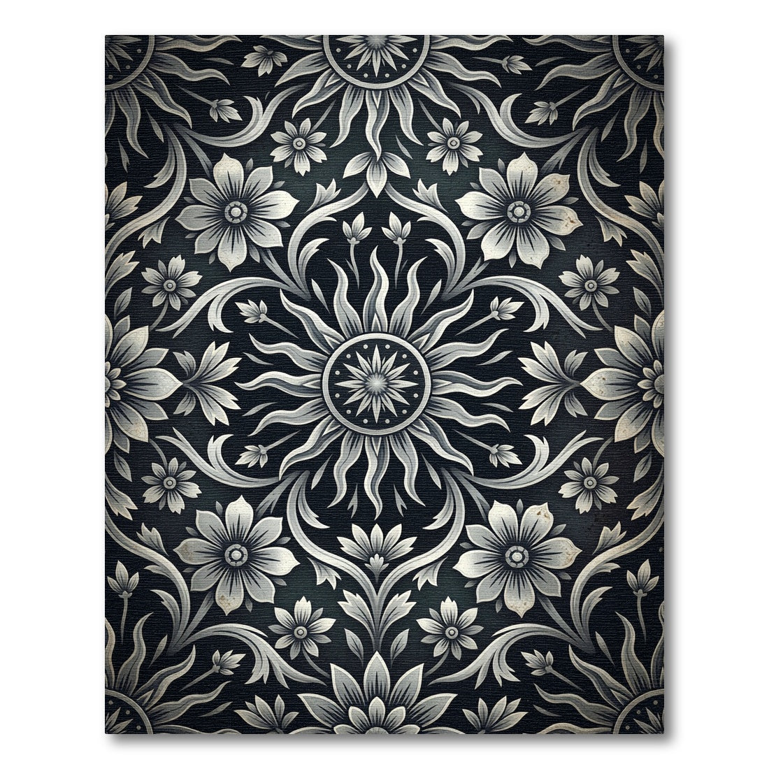 Monochrome Floral Sunburst Scroll Rug